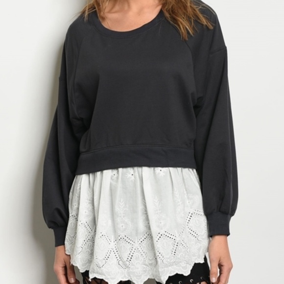 NINETY NINE Long Sleeve Black With White Eyelet Trim Tunic Top Only Sz Small NWT - Picture 5 of 5